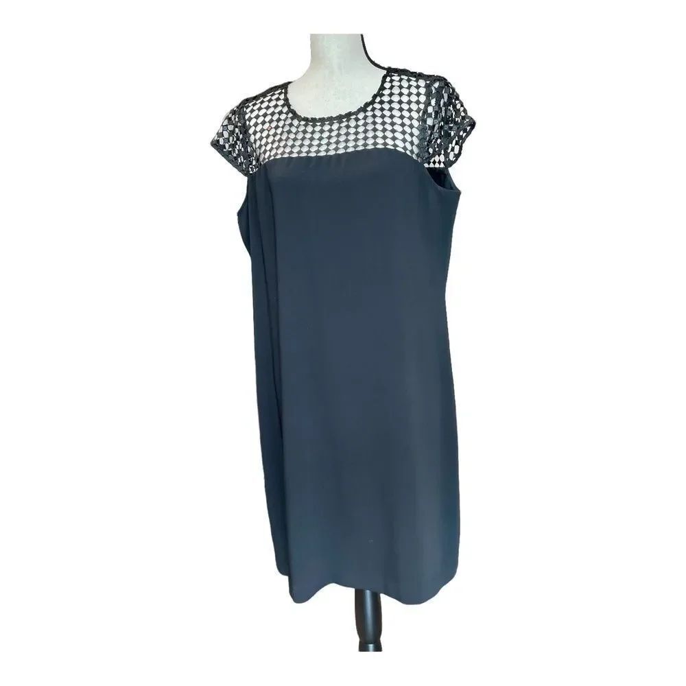 Calvin Klein Black Sequin Crochet Mesh Shift Dress Cap Sleeve Cocktail Size 14 - Picture 3 of 11